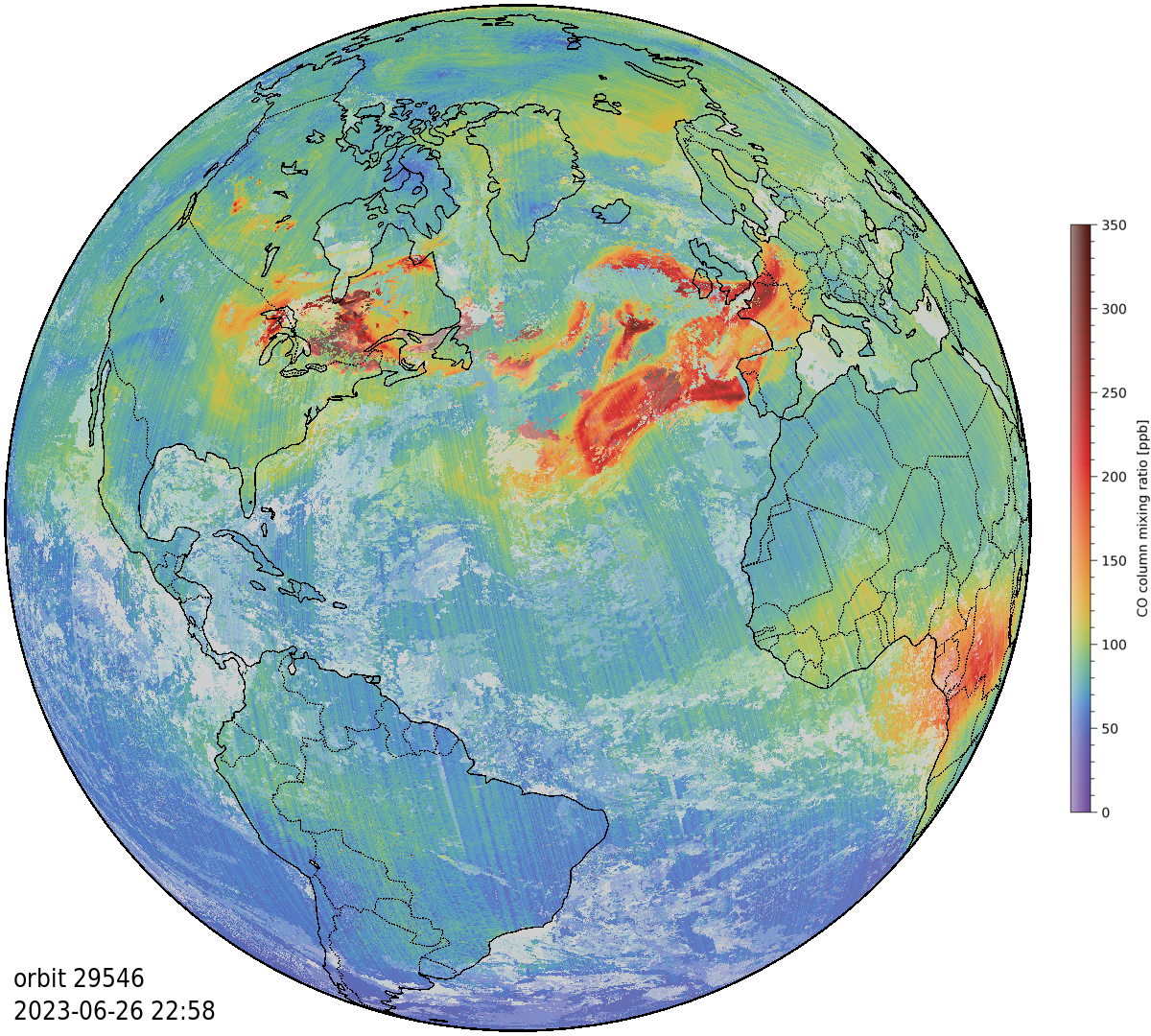 Global CO column mixing ratio on 26 June 2023 (frame from movie of TROPOMI data)