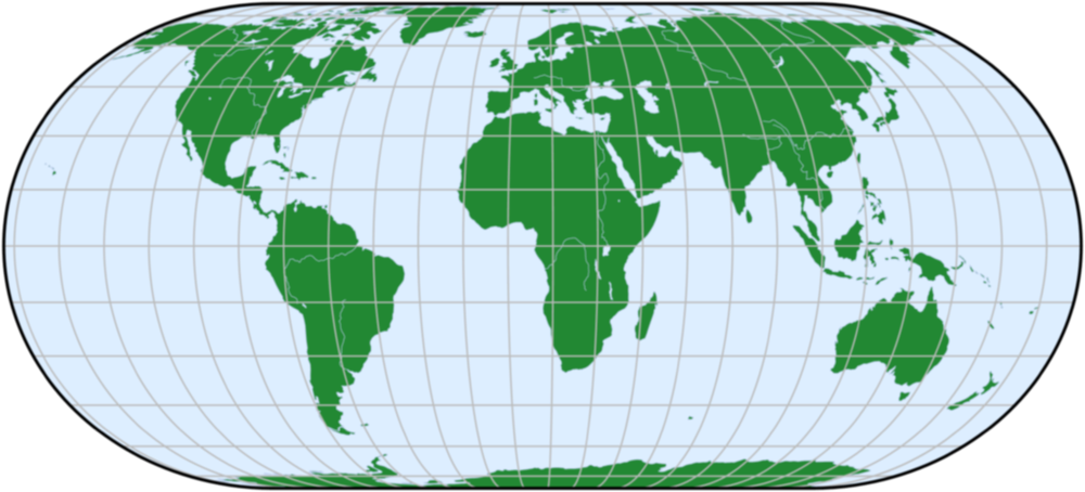 World map in Eckert IV projection with aspect ratio 0.45